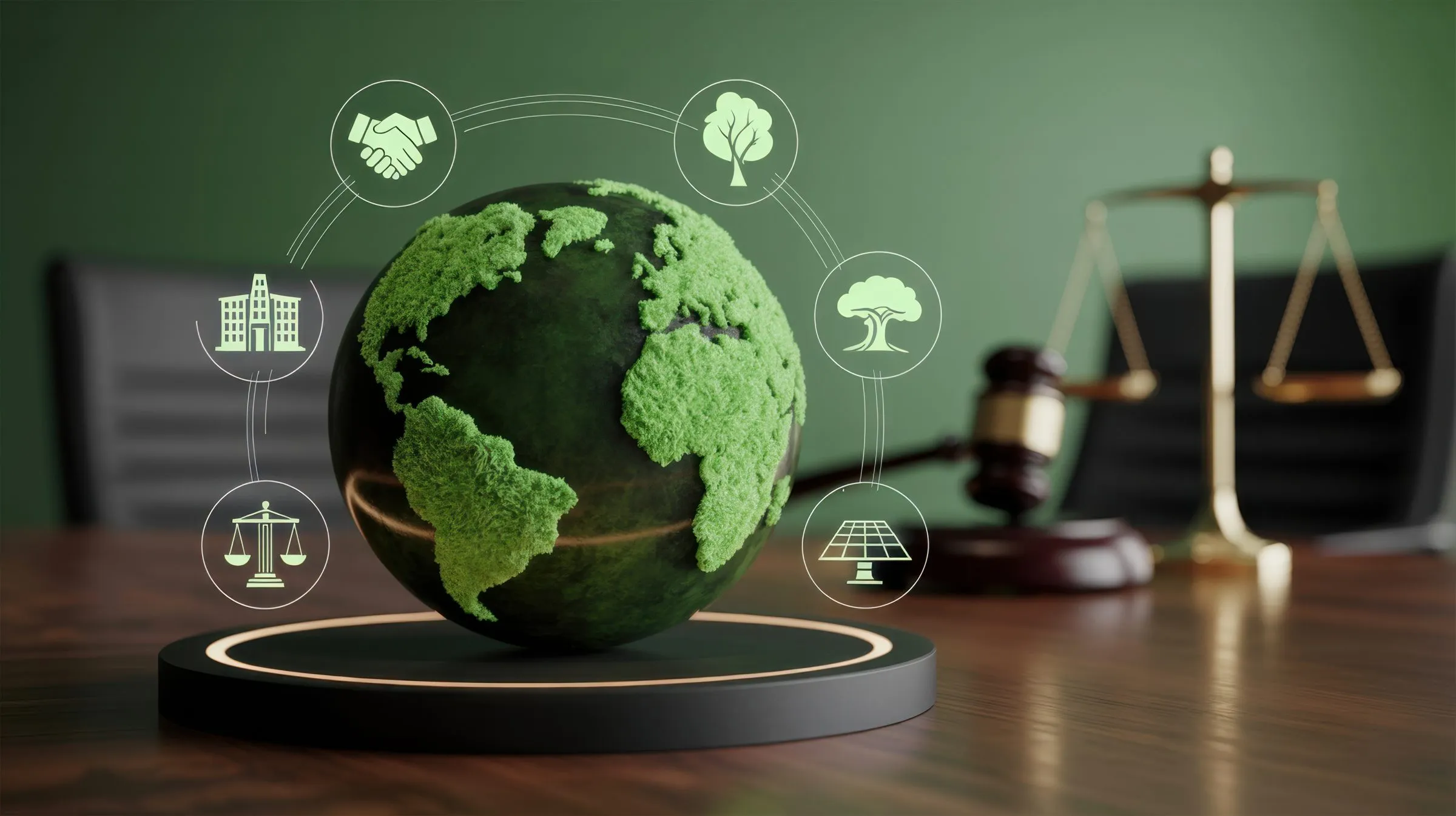 Concept illustration of a moss-covered globe on a desk, ringed by icons for government, law, and energy, with a gavel and scales of justice behind it