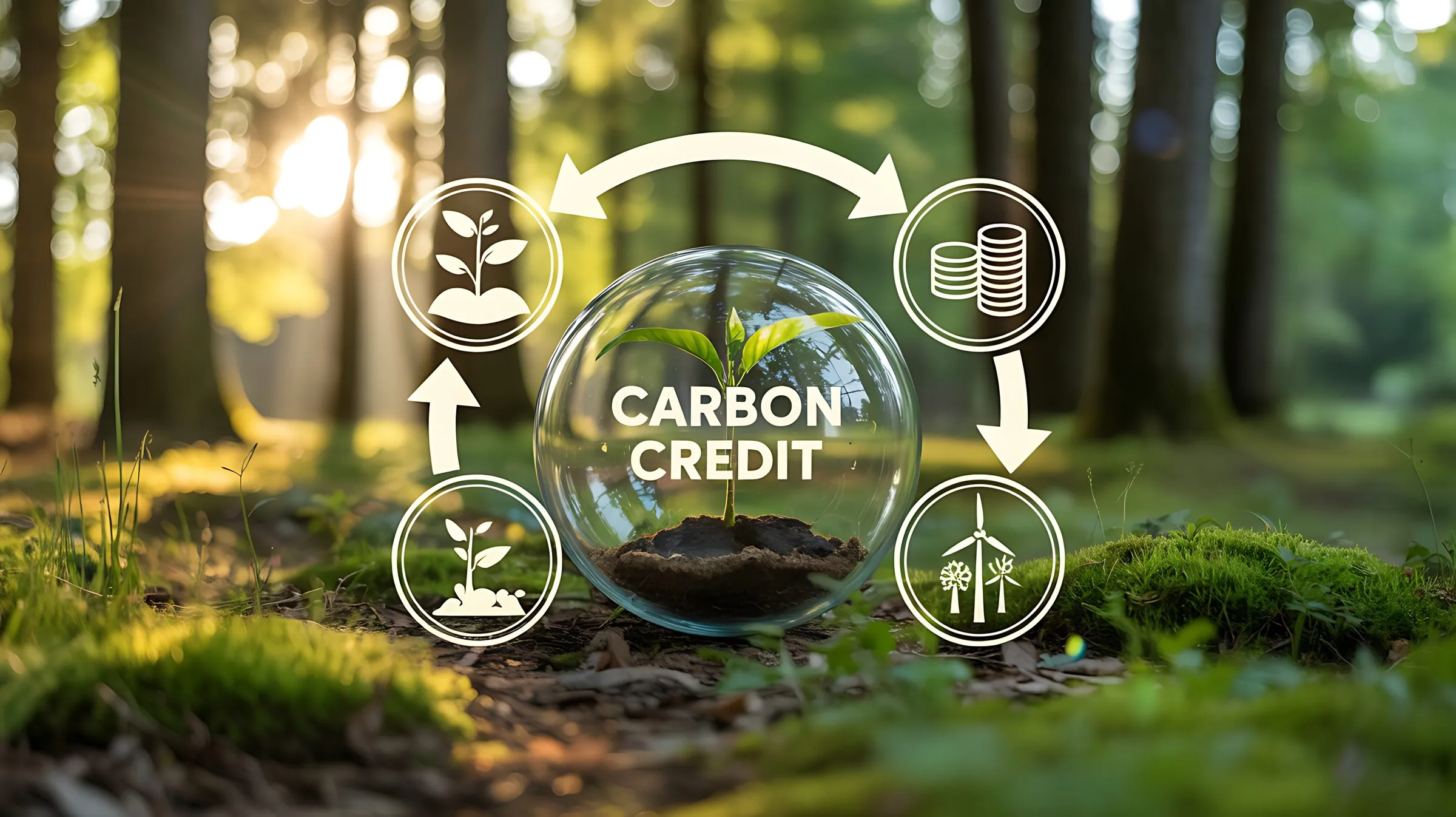 Concept illustration of a glass sphere holding a seedling on a sunlit forest floor, labeled carbon credit and ringed by icons for planting, finance, and renewable energy