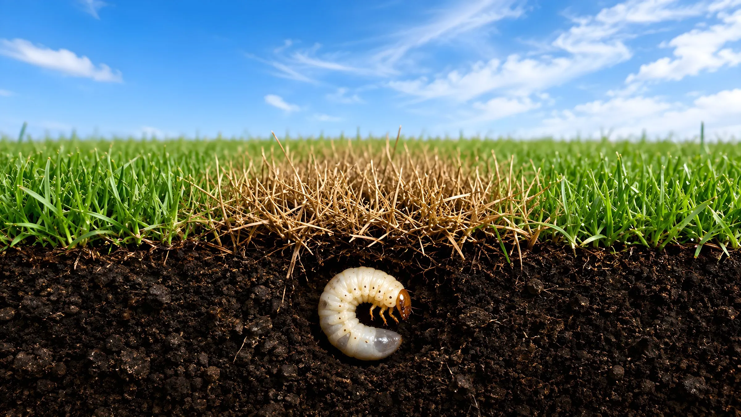 Cross-section view of a C-shaped white grub curled in dark soil directly beneath a brown dead patch in green turf